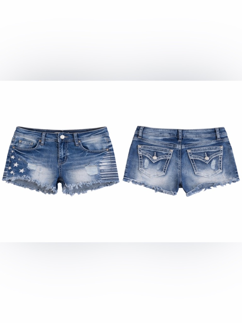 Flamingo Distressed Denim Shorts Small Patriotic Stars & Stripes Low Rise Cutoff - Picture 2 of 2